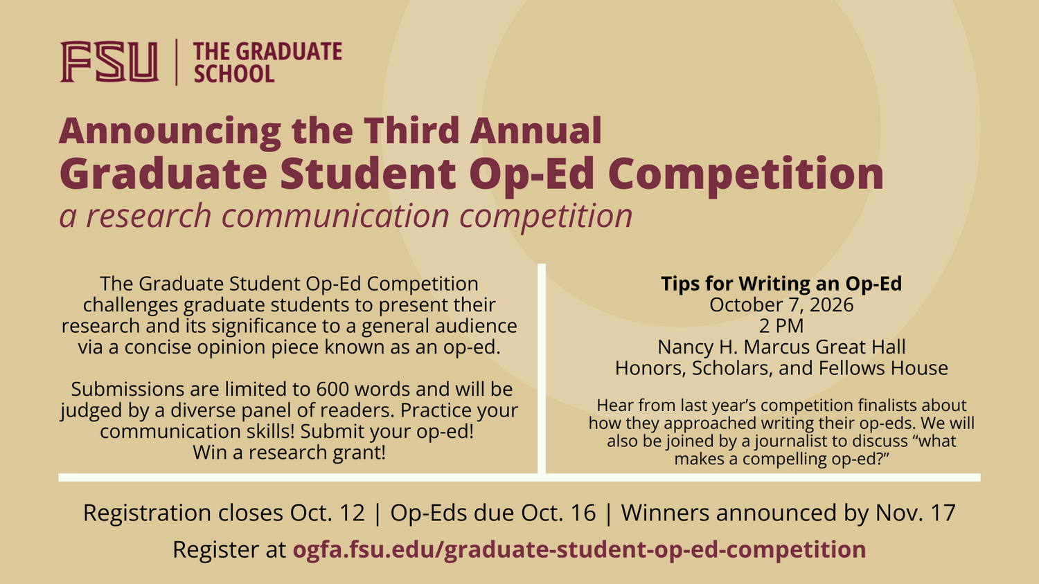 A flyer for the op-ed competition, mentioning the registration deadline of October 12 and the submission deadline of October 17. 