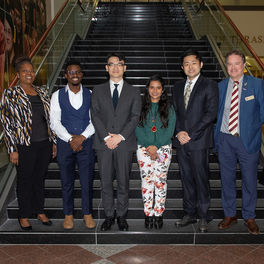 Associate Dean Dr. Adrienne Stephenson, 2023 3MT Winners, and Dean Dr. Mark Riley